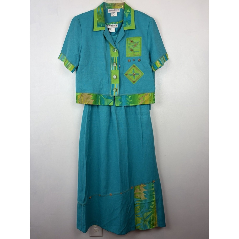 Vintage Nancy Bolen Womens 3pc Suit Outfit Womens 4 Turquoise 90s Jacket Skirt
